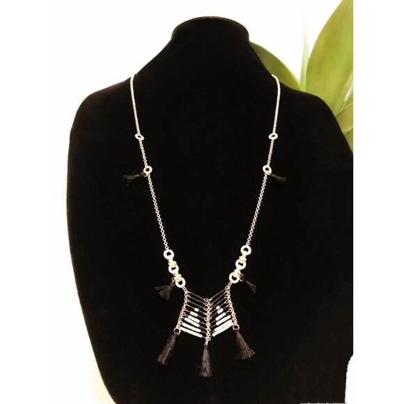 Anthropologie Massai Bead Fringe BlK WHite GOld Chain Necklace NWT $28 set of 2 - Picture 2 of 3